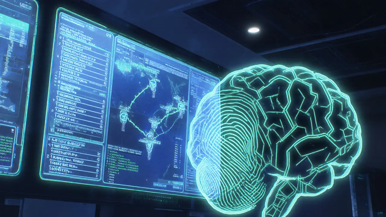 Sala de control futurista con hologramas mostrando listas negras, geolocalización y IA.