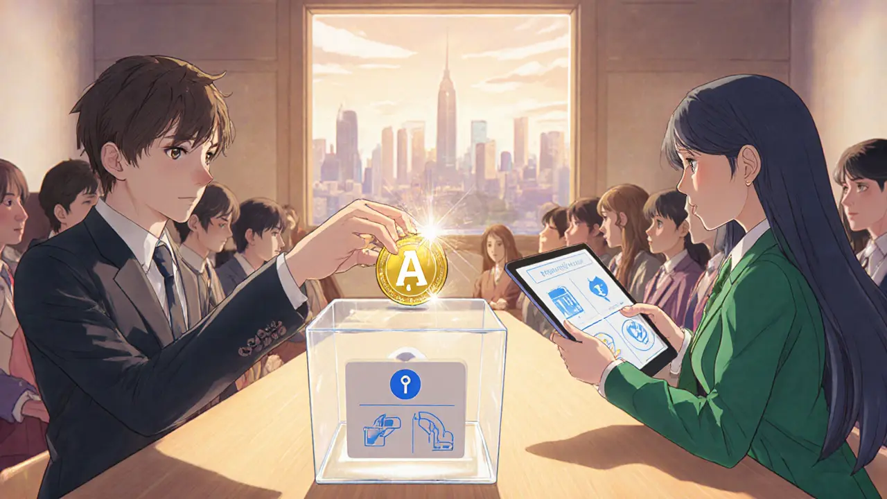 Sala de gobernanza con personajes anime votando y haciendo staking de ALT.