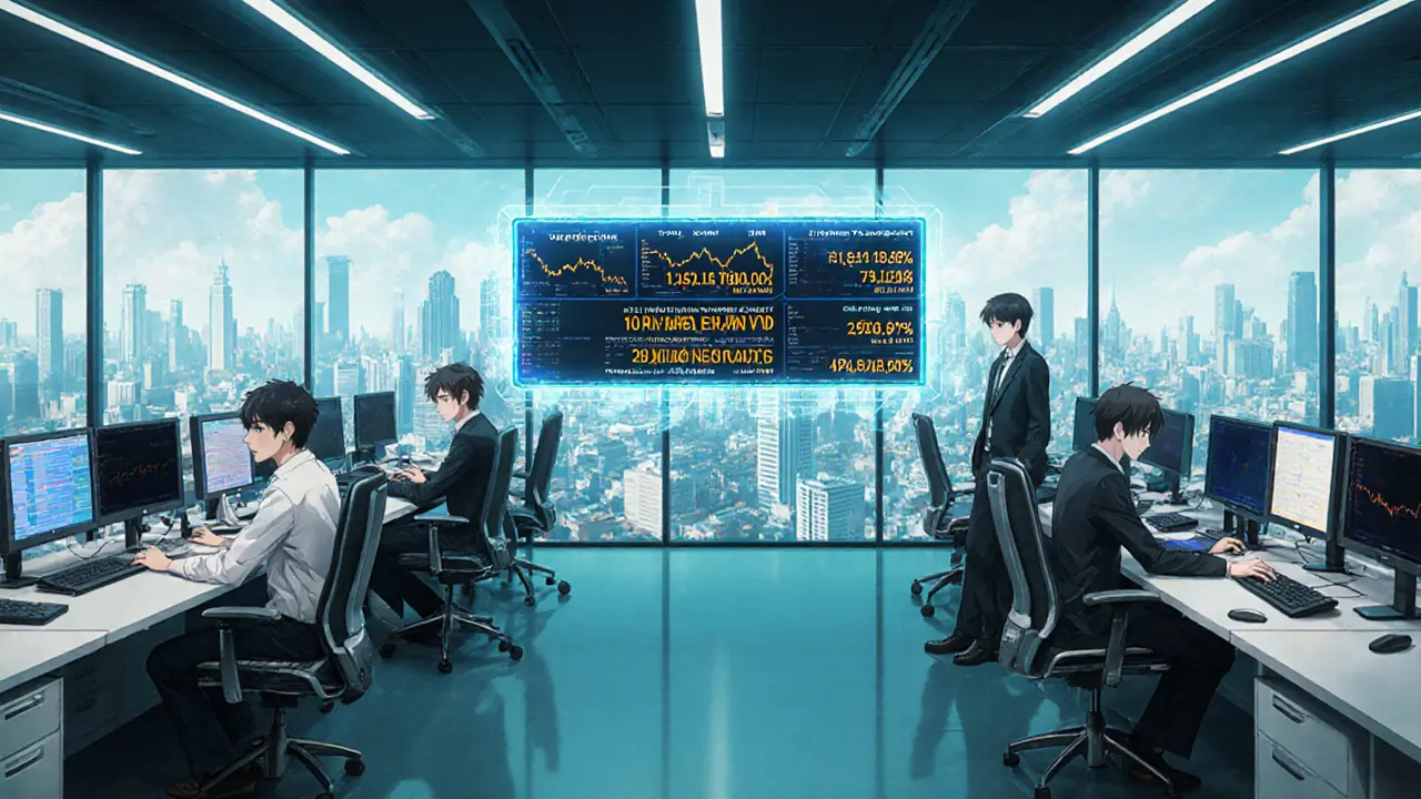 Sala de intercambio cripto licenciada con pantallas que muestran pares VND/Bitcoin y traders anime.