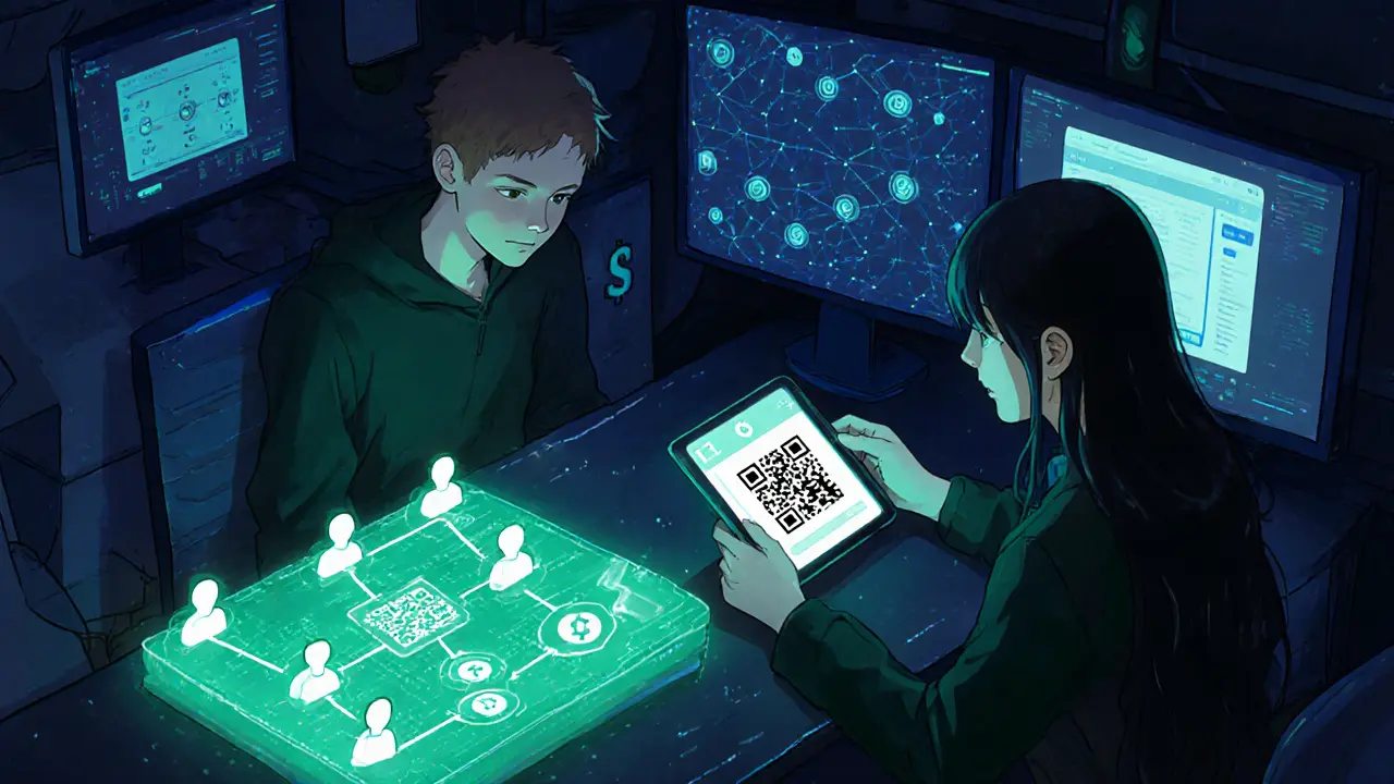 Sala de intercambio P2P con dos usuarios compartiendo códigos QR y hologramas de DEX.