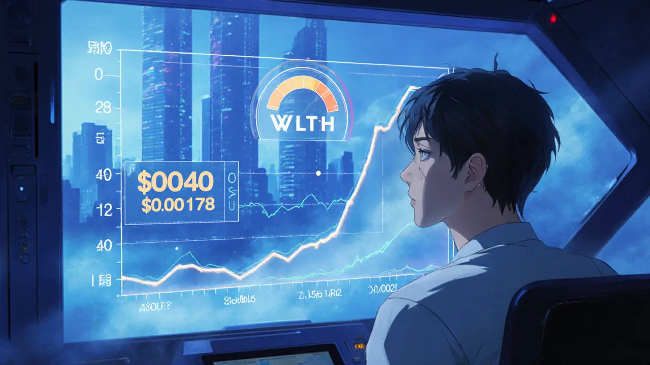 Trader observa gráfico de precios WLTH y rango futuro en ambiente futurista.