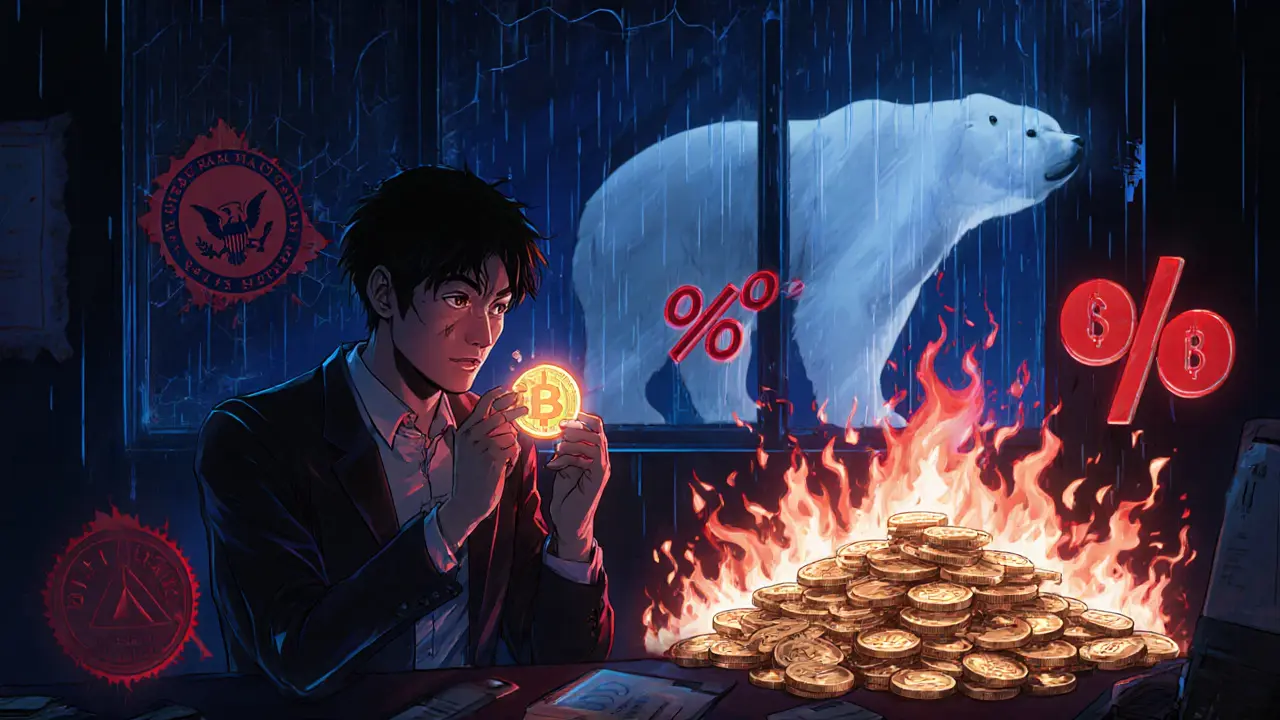 Trader preocupado rodeado de señales de riesgo, símbolos de la SEC y tokens NORDO disminuyendo.
