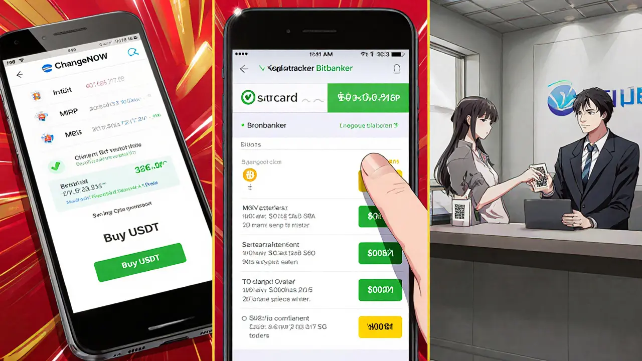 Tres paneles que muestran compra instantánea, intercambio P2P y oficina de Bitbanker con códigos de colores bancarios.