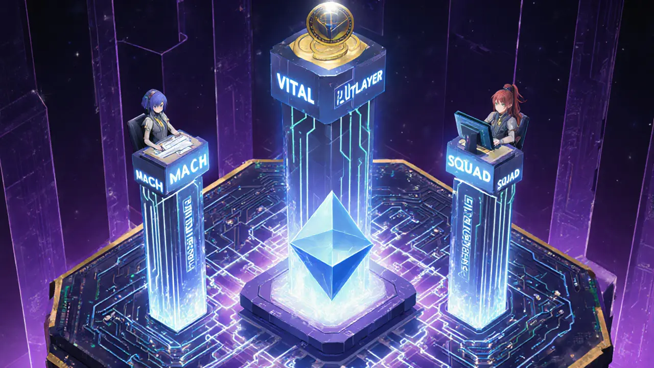 Tres pilares VITAL, MACH y SQUAD conectados a Ethereum, con personajes anime.