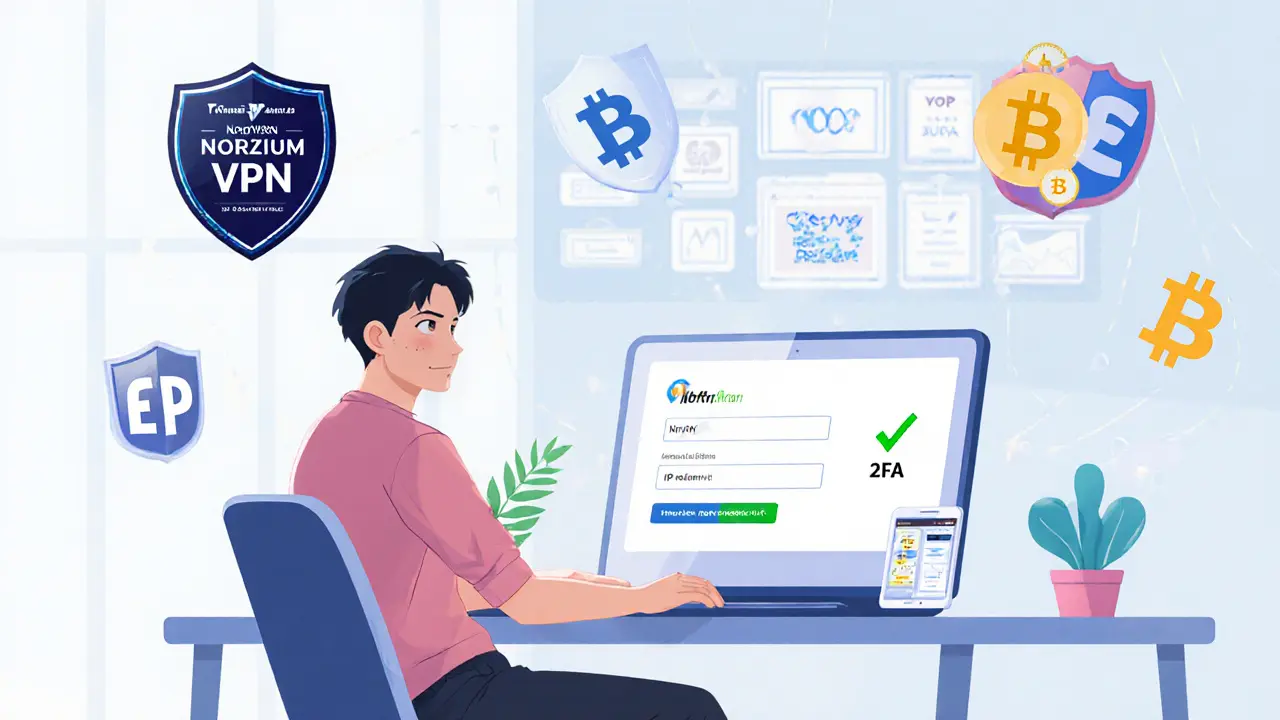 Usuario feliz con VPN premium, 2FA y criptomonedas, acceso exitoso al exchange.