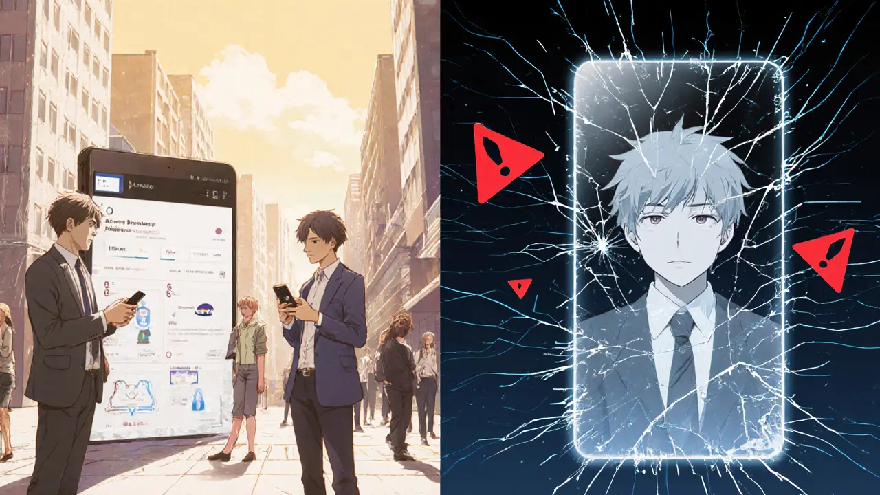 App de Cipher activa a la izquierda y congelada a la derecha, con símbolos de advertencia flotando.