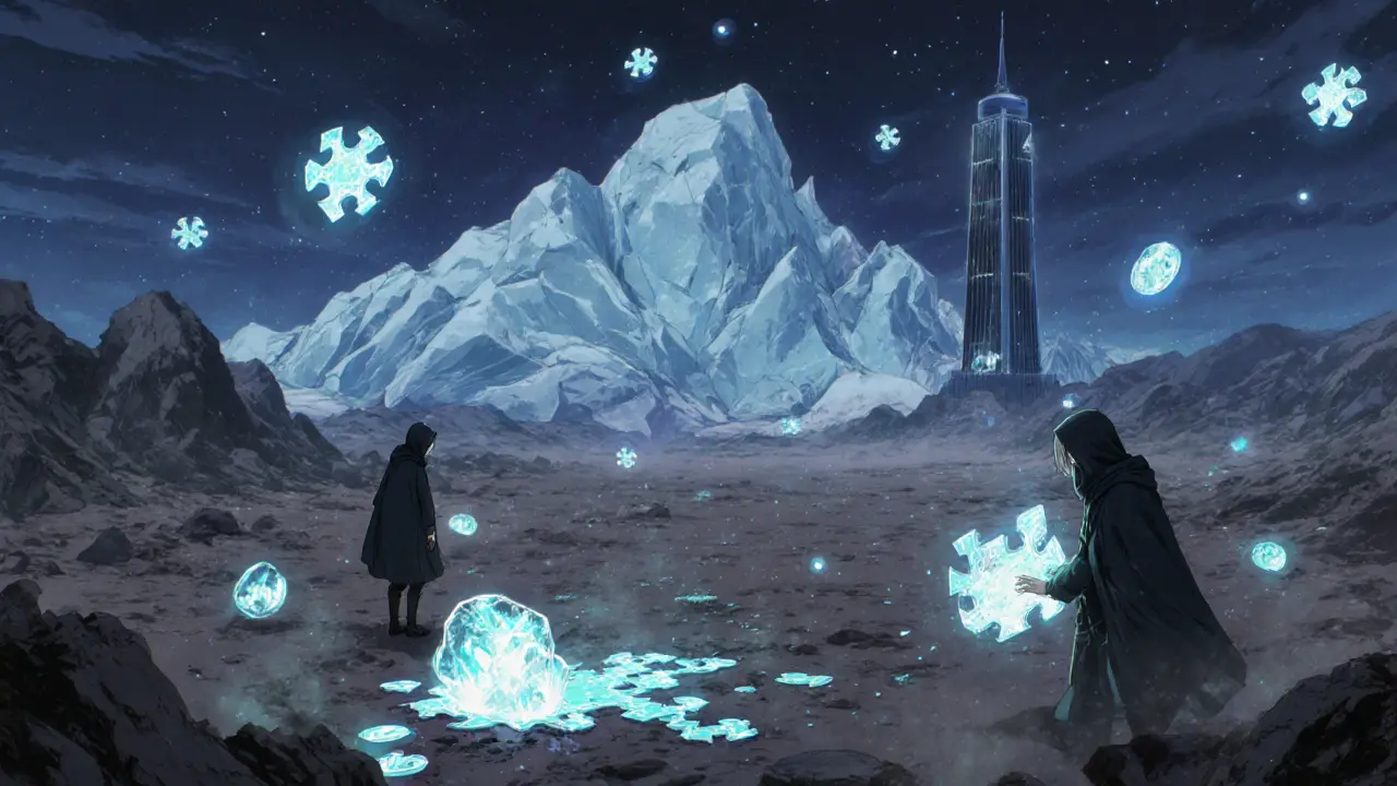 Aventureros resuelven rompecabezas cósmicos en un desierto digital donde se acumulan tokens no reclamados.