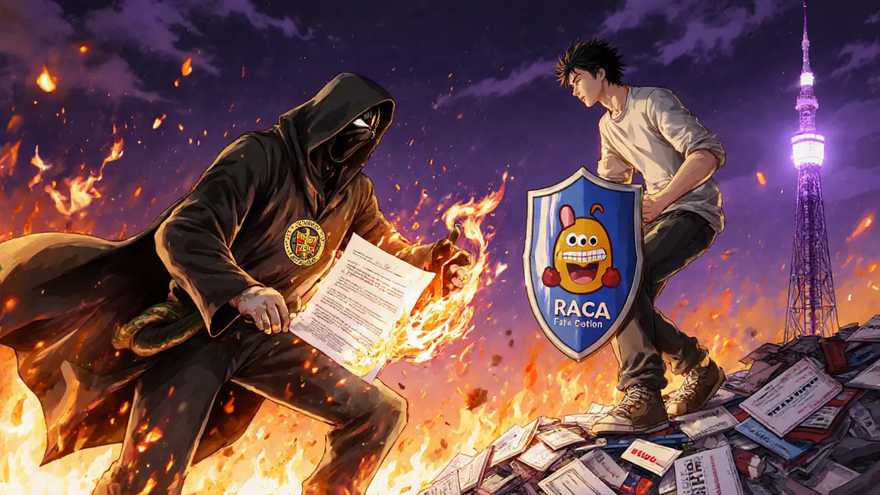 Batalla simbólica entre estafador y miembro de la comunidad, con el logotipo real de RACA al fondo.