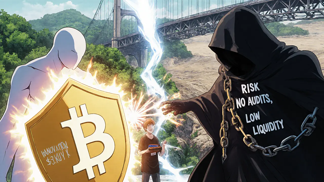 Batalla simbólica entre Innovación y Riesgo sobre un puente fracturado, con tokens $SKY y logos de Scroll en el fondo anime.