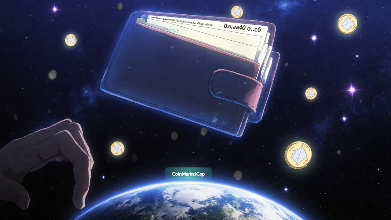 Billetera olvidada flotando en el espacio con tokens CPR desvaneciéndose entre las estrellas.