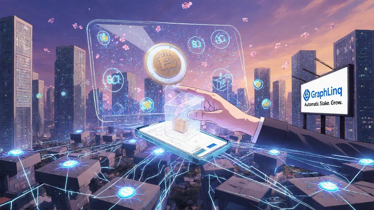 Ciudad futurista con nodos blockchain y tokens GLQ flotando como ríos de luz, mientras usuarios automatizan operaciones desde sus móviles.