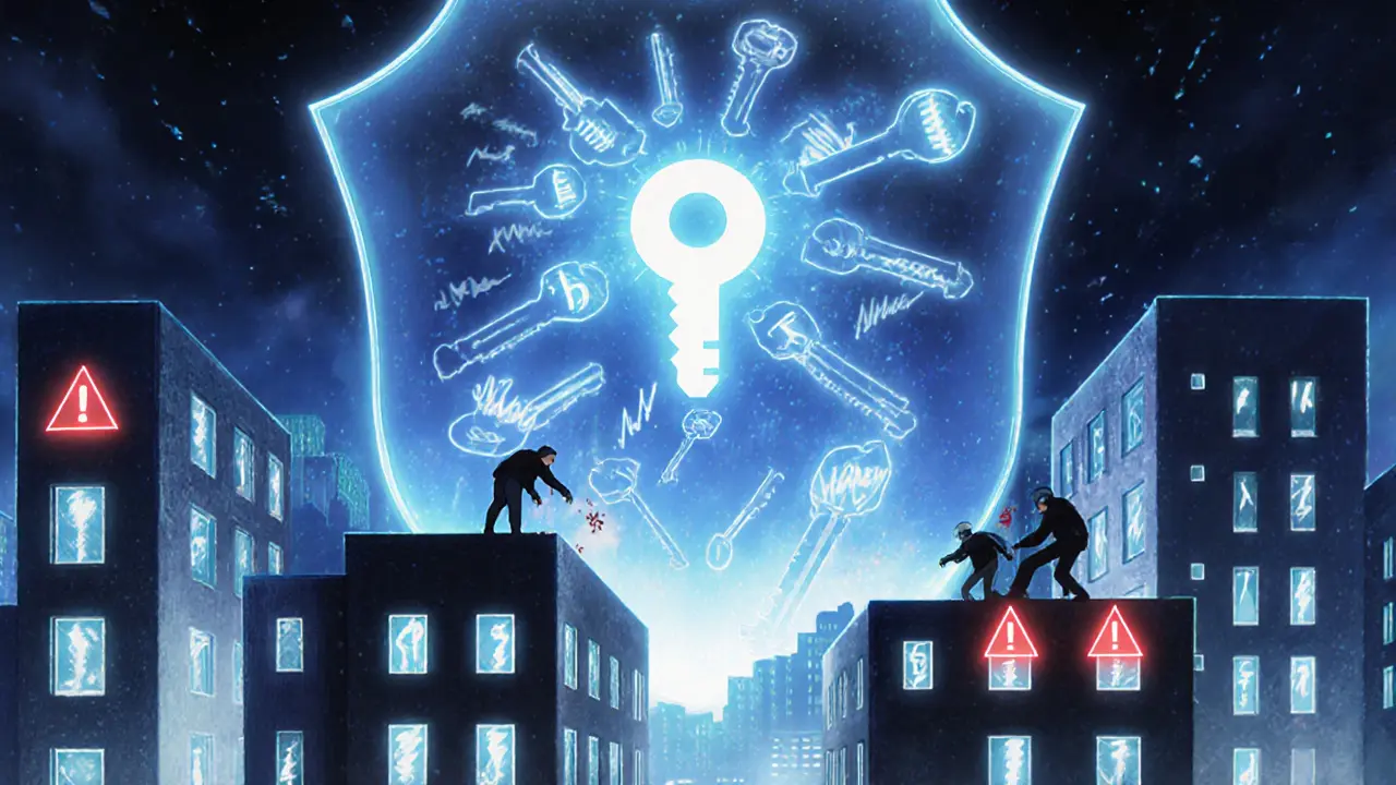 Ciudad futurista protegida por un escudo de llaves digitales mientras hackers intentan atacarla.