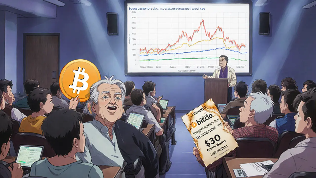 Ciudadanos en un taller gubernamental aprenden sobre Bitcoin, mientras un anciano sostiene un voucher de  que se quema.