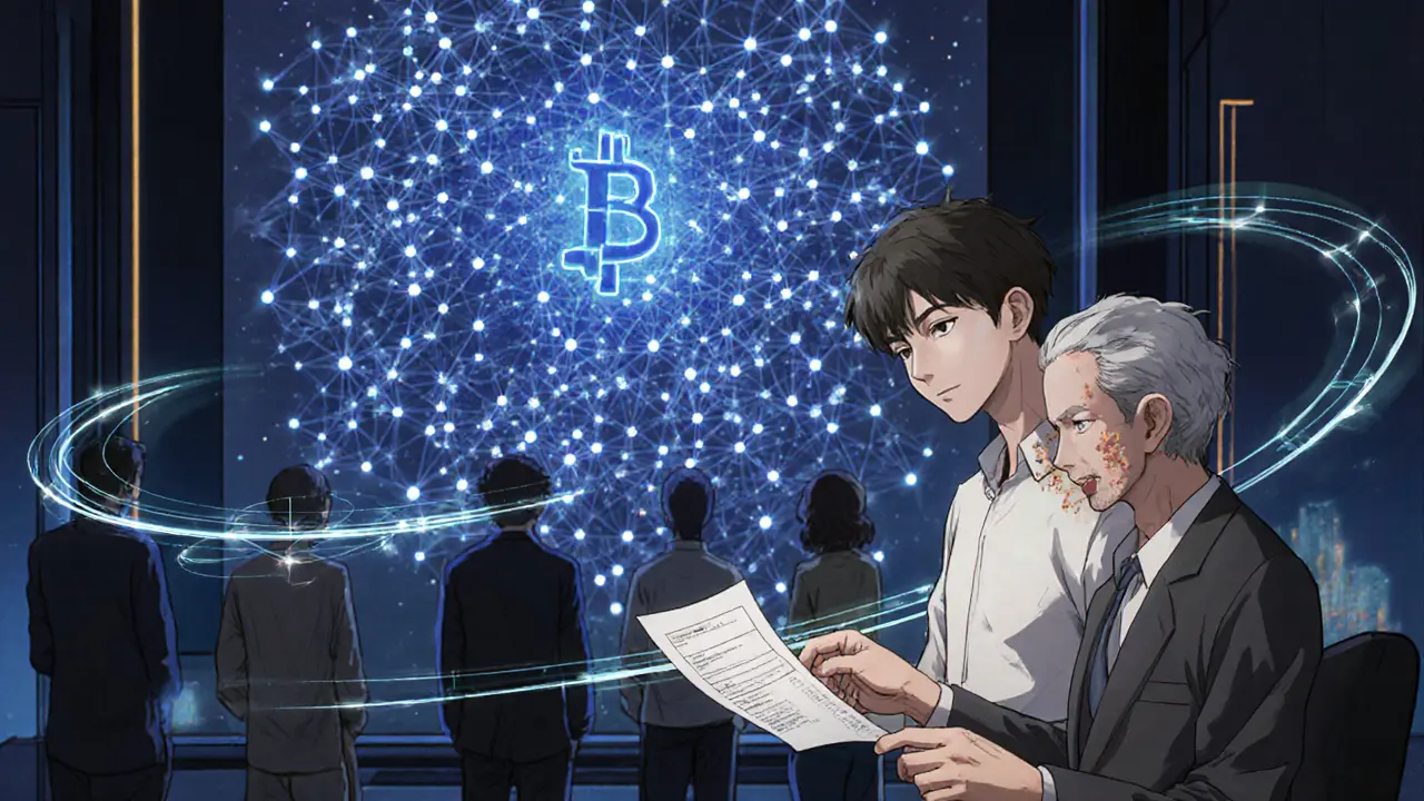 Ciudadanos examinan un recibo impreso junto a una pared de blockchain luminosa.