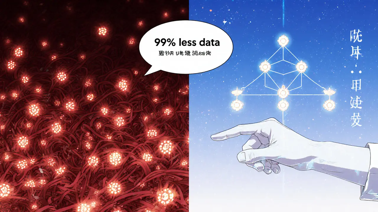 Comparación visual: montón caótico de hashes vs. árbol limpio con solo 10 nodos hasta la raíz, simbolizando eficiencia.