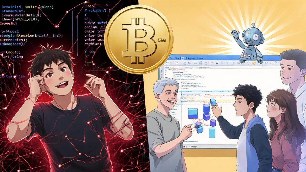 Contraste entre un programador abrumado por código y personas comunes usando una interfaz visual sencilla para Web3.