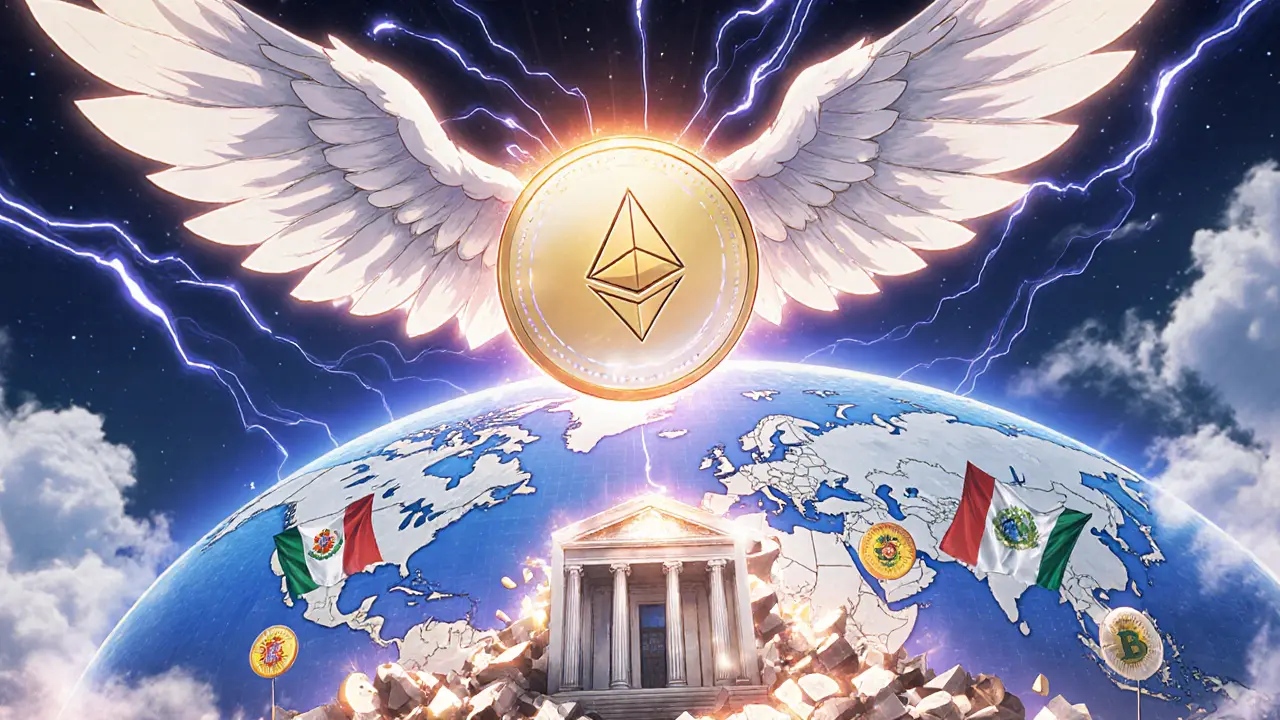 El token CFG como espíritu alado conecta empresas globales mientras un banco se desmorona en polvo digital.