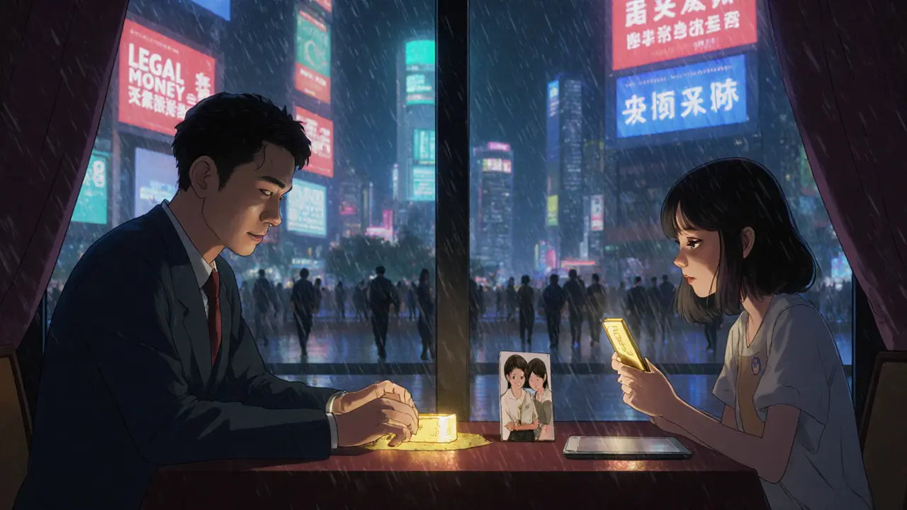 Familia en cena en Beijing, un padre pone una barra de oro sobre la mesa mientras el e-CNY brilla en las ventanas.