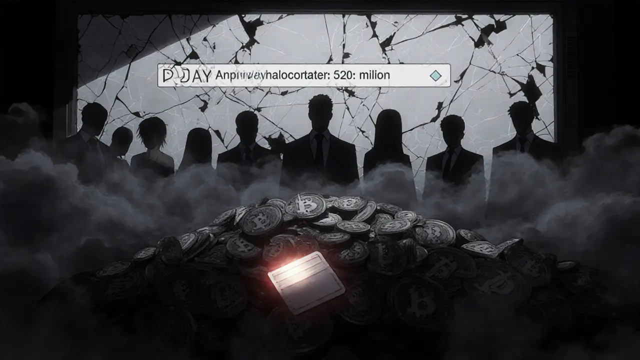 Figuras sombrías detrás de una pantalla rota mostrando el contrato DAY, mientras millones de tokens desaparecen en la niebla.