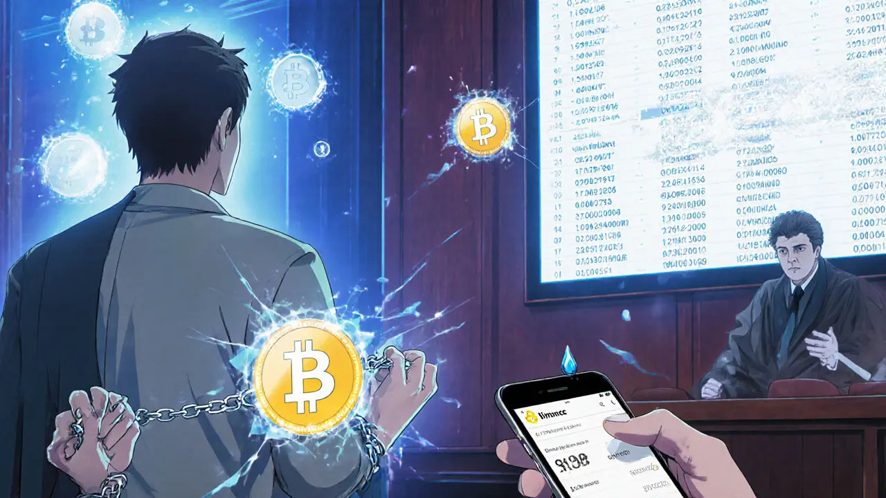 Hombre siendo sentenciado en un juzgado chino mientras aparecen direcciones de criptomonedas en pantallas holográficas.