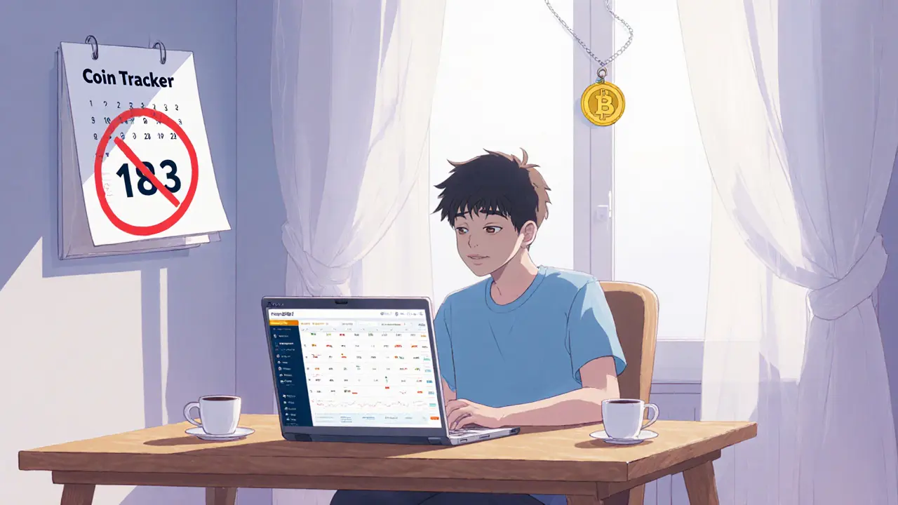 Inversor en Lisboa trabaja con una billetera digital y un calendario marcado para residencia fiscal.