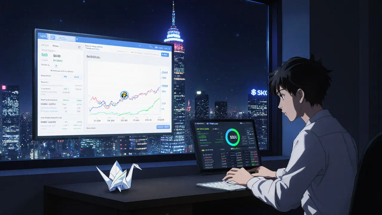 Inversor mira una gráfica de $SKY cayendo mientras el volumen del intercambiador permanece alto, en una habitación con torres de blockchain al fondo.