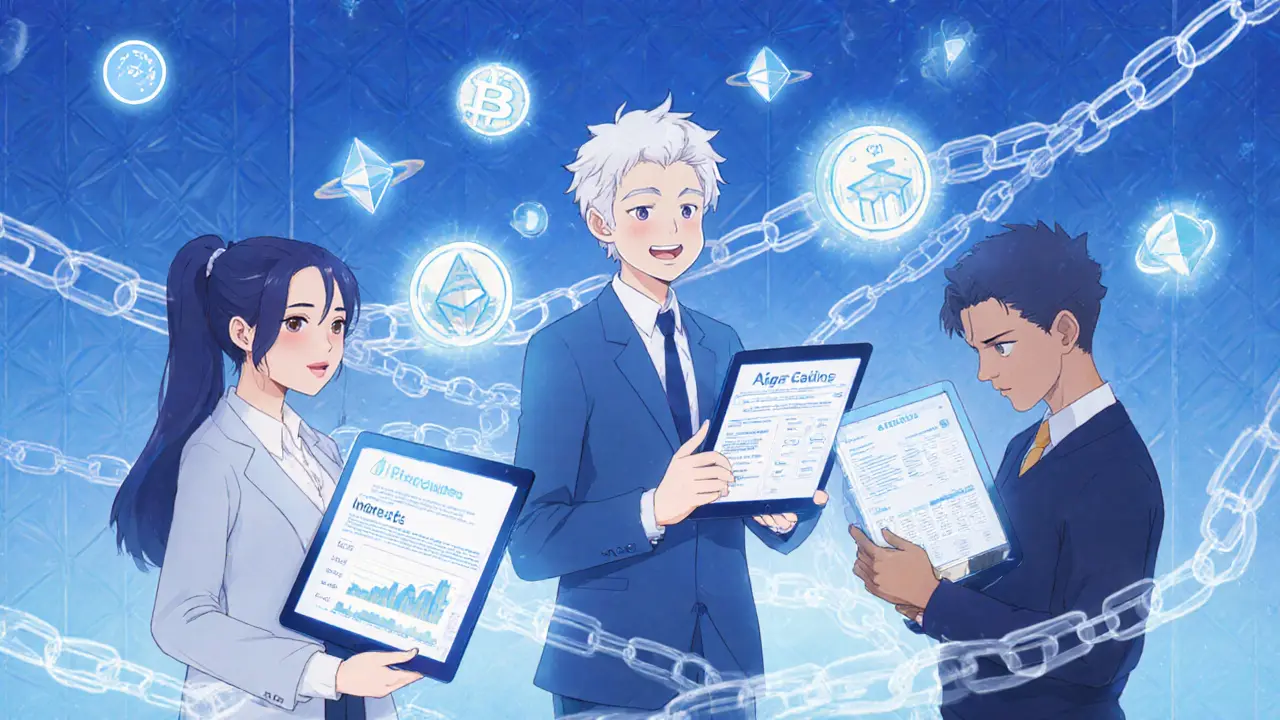 Inversores observan activos reales en forma de NFT flotantes en un mercado digital estilo japonés.