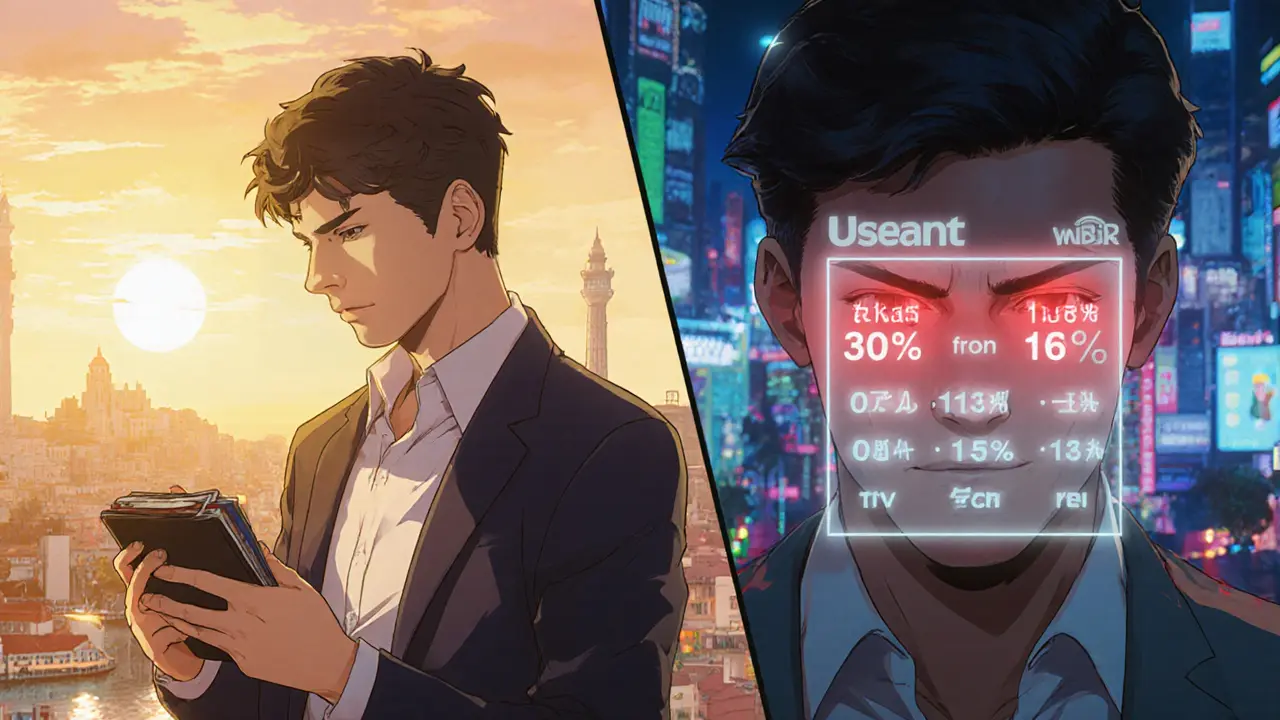 Investidor tranquilo en Lisboa frente a un trader estresado en India con impuestos brillantes.