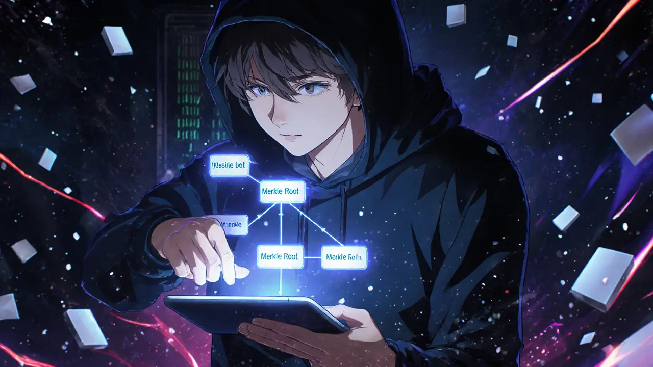 Joven hacker verifica una transacción siguiendo un camino de nodos hasta la raíz Merkle en una proyección holográfica.