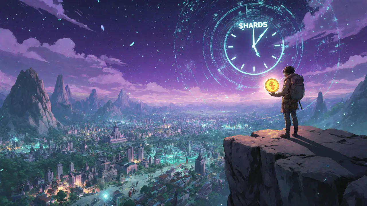 Jugador en una colina con el mundo de WorldShards a sus pies, token brillando al atardecer.