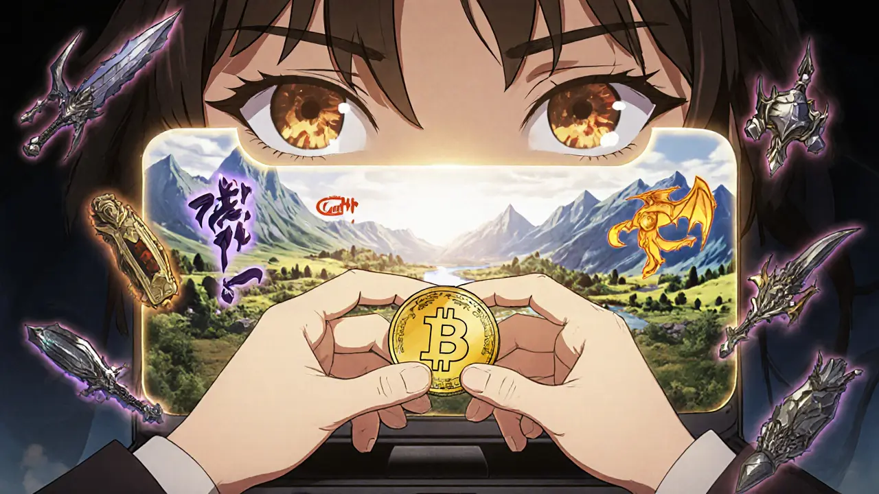 Manos colocando un token SHARDS en una consola que proyecta NFTs del juego WorldShards.