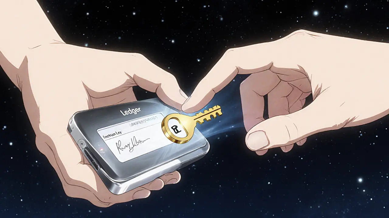 Manos intercambiando claves criptográficas, una desde una billetera de hardware y otra como firma digital brillante.