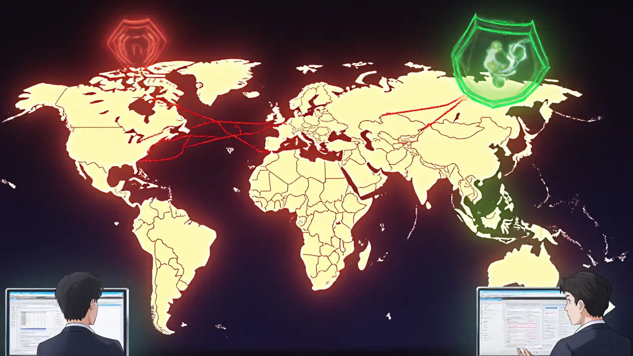 Red de blockchain con cadenas rojas en países prohibidos y escudos verdes en países regulados.