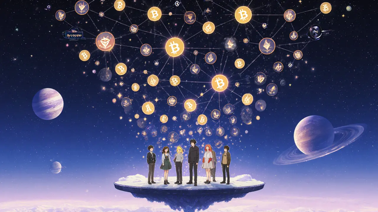 Red de tokens Soulbound conectados en forma de constelación, premiando contribuciones únicas.