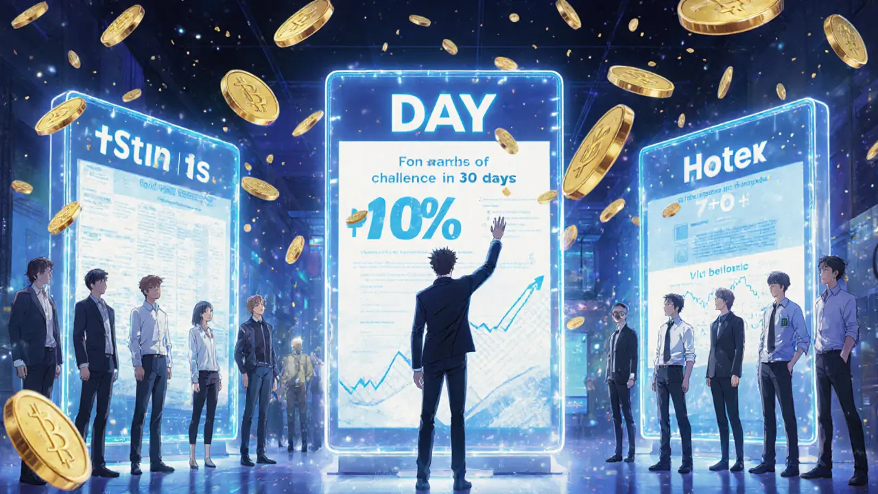 Traders en un mercado digital frente a tableros holográficos de desafíos, con tokens DAY cayendo como lluvia.