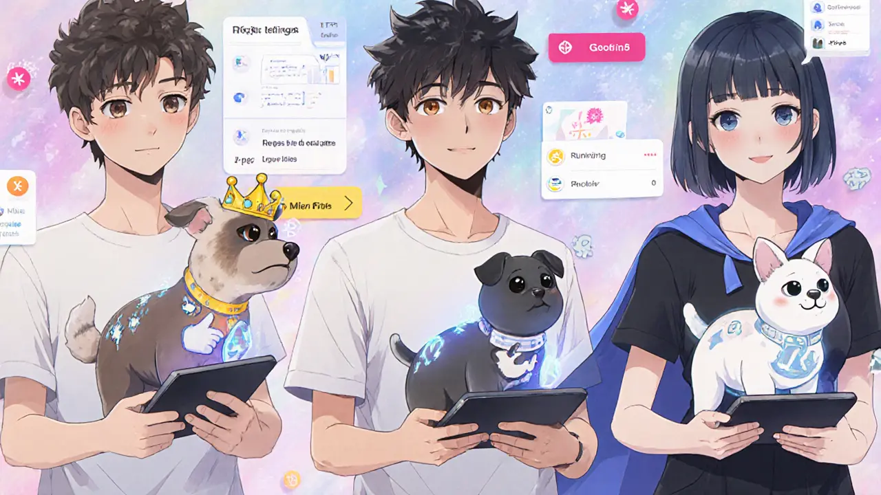 Tres personas con tabletas mostrando mascotas NFT únicas generadas por IA, cada una con atributos inspirados en sus actividades digitales.