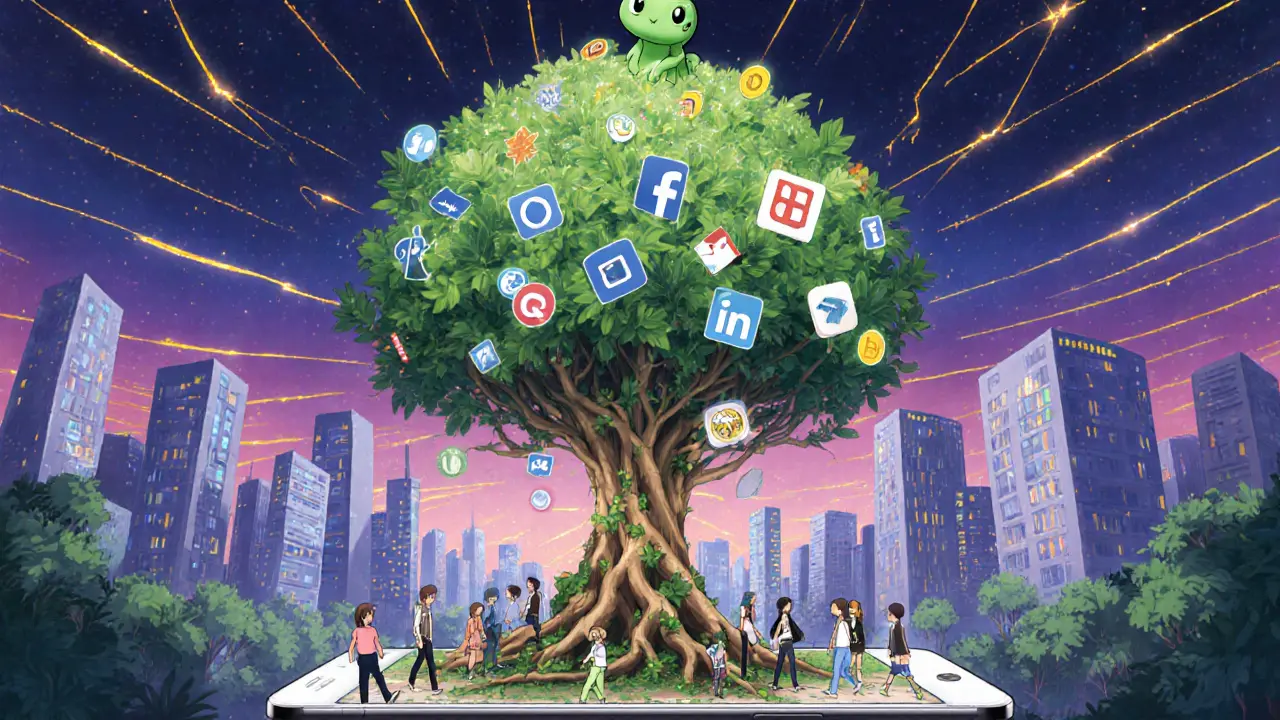 Un árbol digital creciendo desde un teléfono, con NFTs que se transforman en hojas y raíces, bajo un cielo crepuscular de datos.