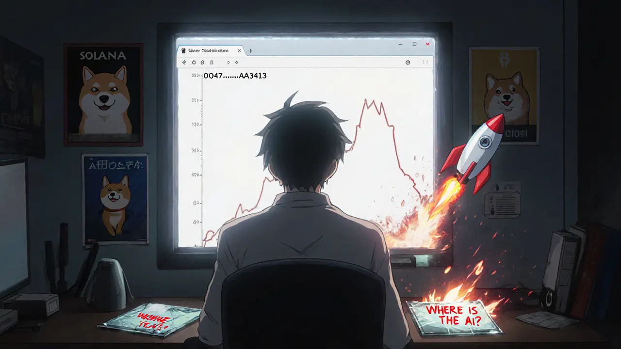 Un desarrollador mira una dirección de blockchain vacía mientras memes de cripto lo miran desde las paredes.
