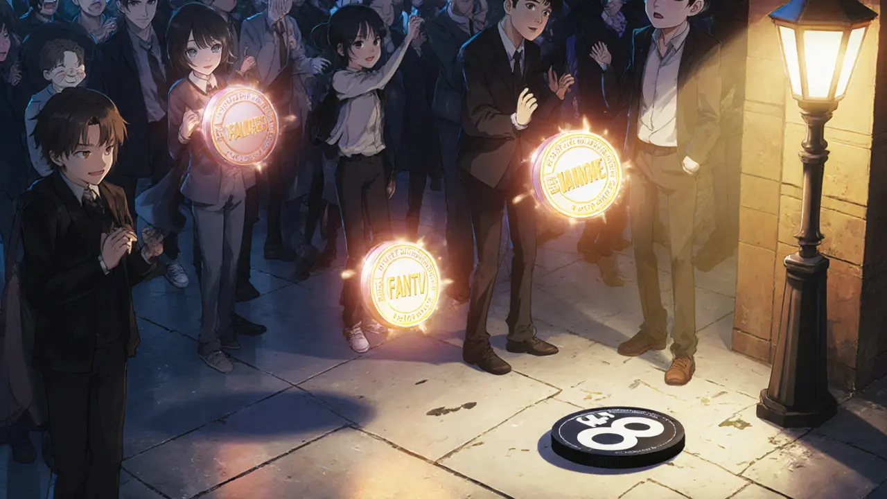 Un mercado digital con tokens brillantes de proyectos similares, mientras FAN8 yace olvidado en la sombra.