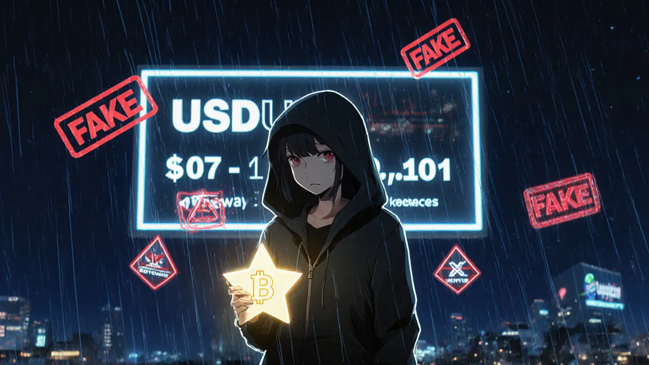 Un personaje anime en un techo mira un token USDUC que se apaga mientras su precio cae en una pantalla gigante.