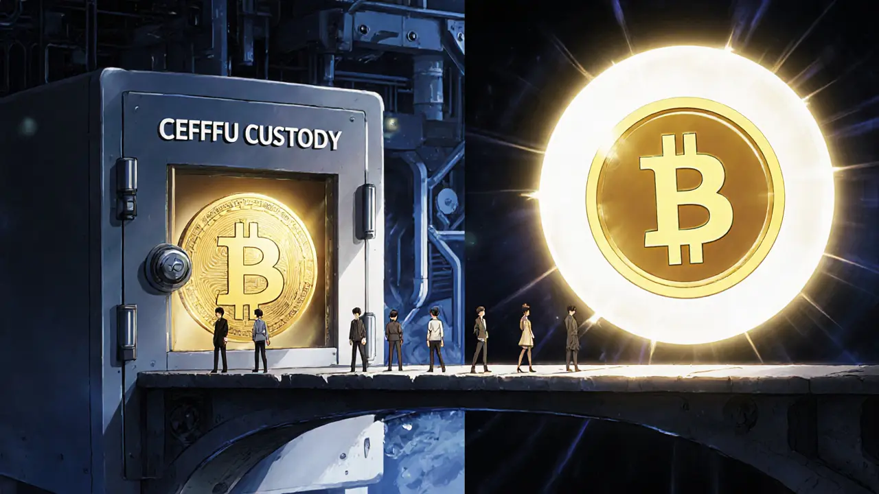 Una bóveda custodial y un token BBTC conectados por un puente de luz, representando el equilibrio entre seguridad y DeFi.