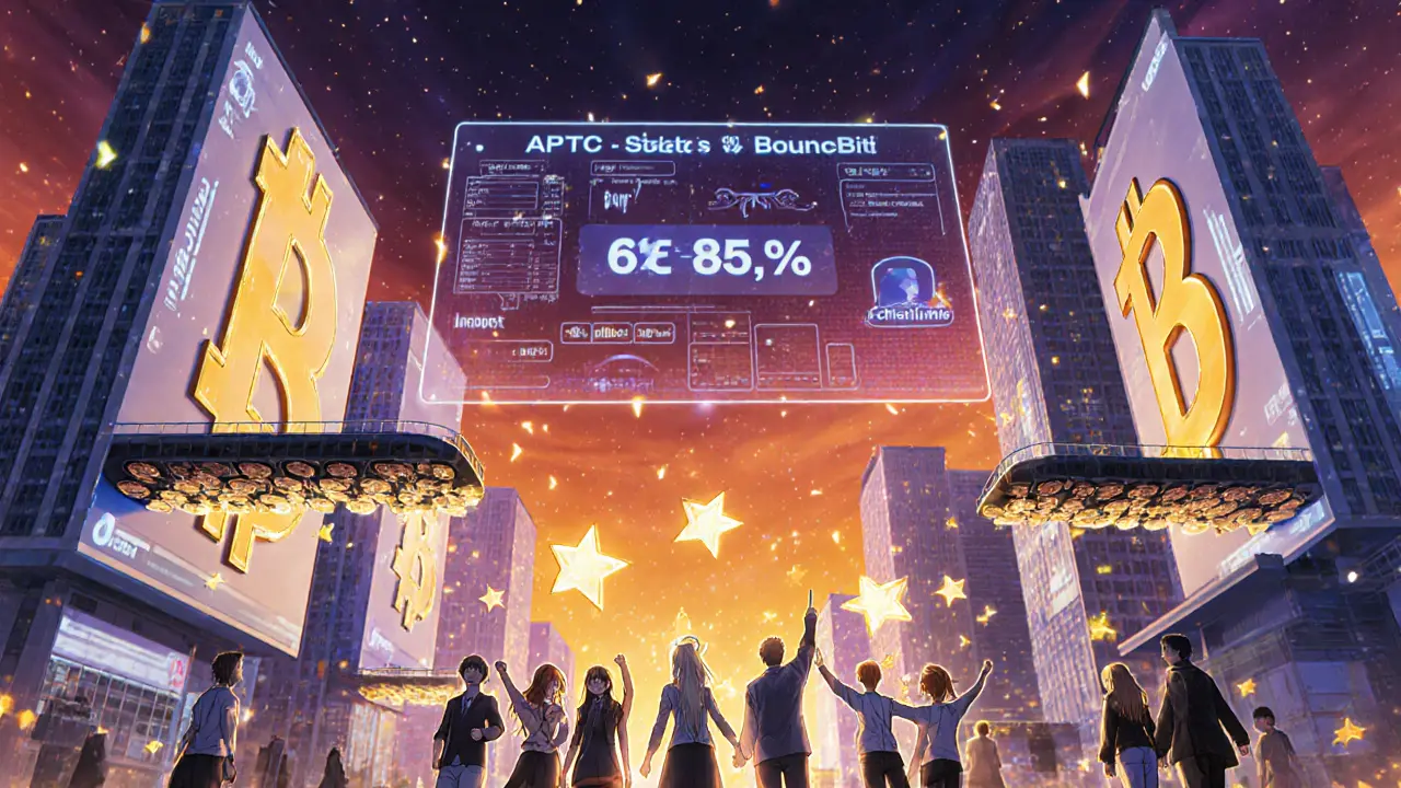 Una ciudad futurista con edificios en forma de Bitcoin y tokens BBTC flotantes, donde usuarios celebran rendimientos altos.