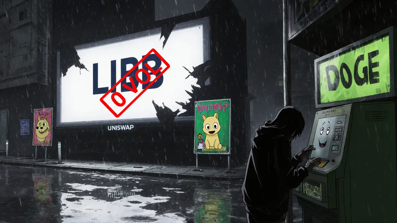 Una figura en hoodie intentando comerciar LILB en una terminal descompuesta, mientras carteles de criptomonedas olvidadas decoran una calle cyberpunk vacía.