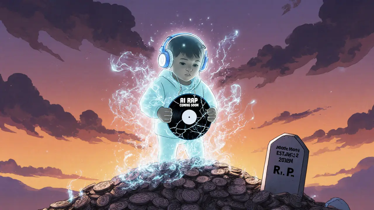 Una figura fantasmal de Lil Brett disolviéndose en estática, sosteniendo un NFT roto mientras yace sobre una montaña de tokens olvidados.