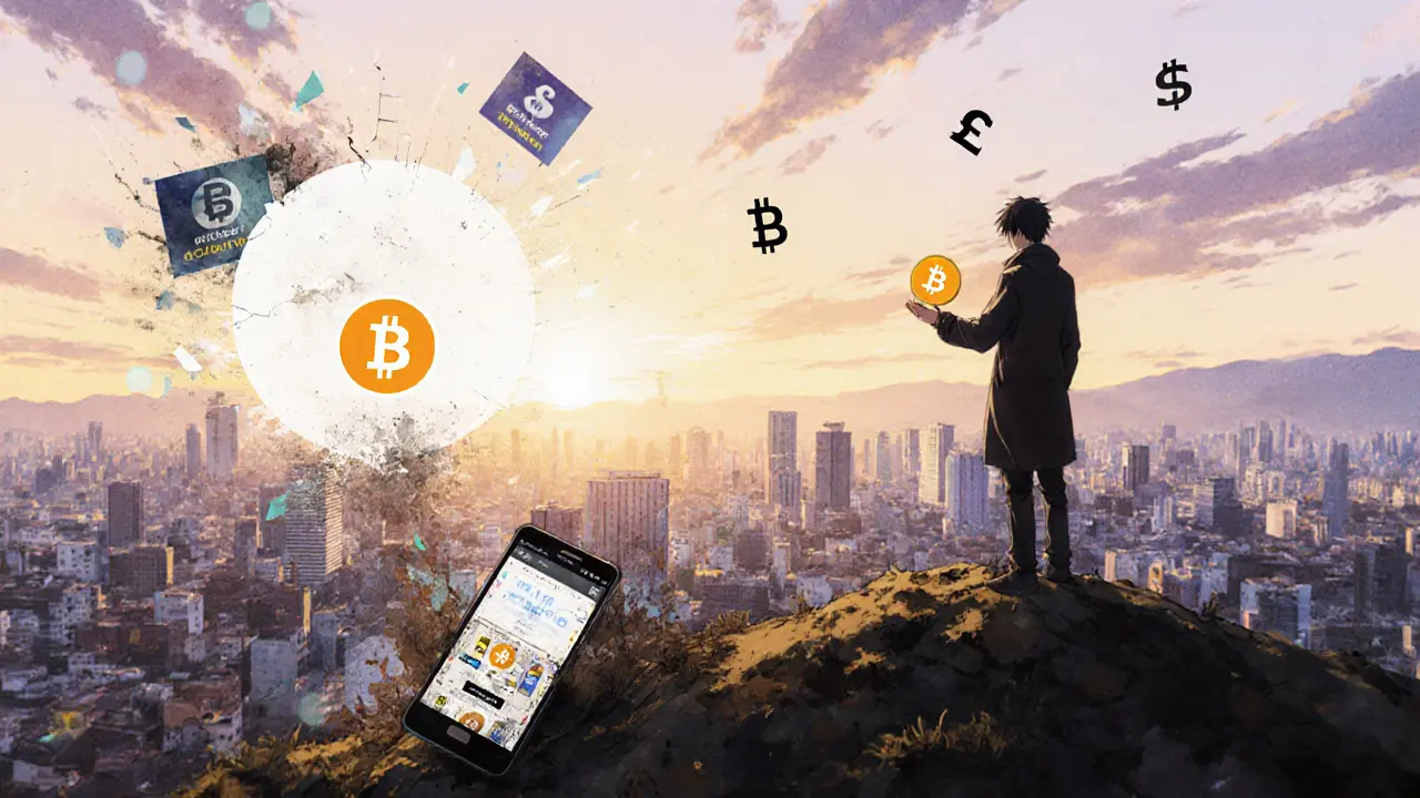 Una figura sola en una colina observa San Salvador al amanecer, sosteniendo una moneda Bitcoin mientras la app Chivo se desvanece.