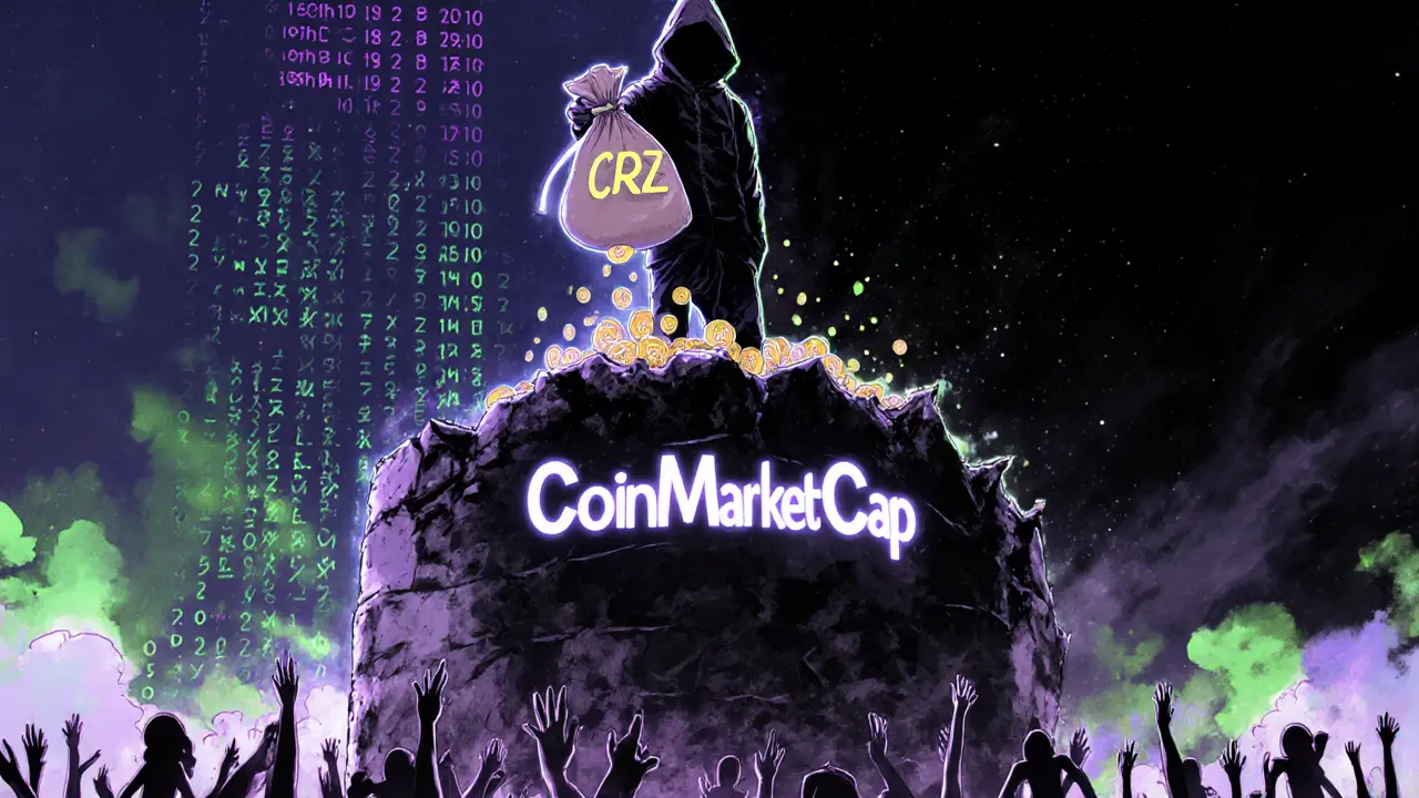 Una figura sombría deja caer tokens de 2CRZ desde una torre mientras usuarios intentan alcanzarlos.