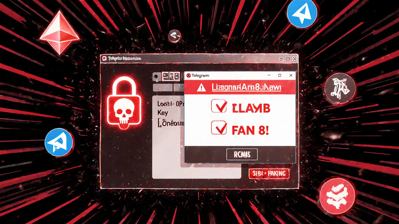 Una interfaz digital con una billetera bloqueada y una advertencia falsa de airdrop de FAN8.