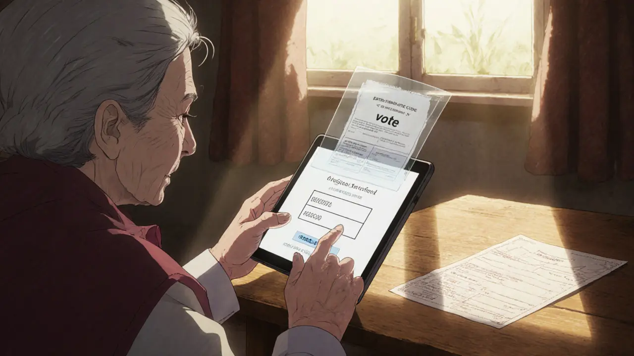 Una mujer mayor verifica su voto digital en una tablet, junto a una papeleta de papel.