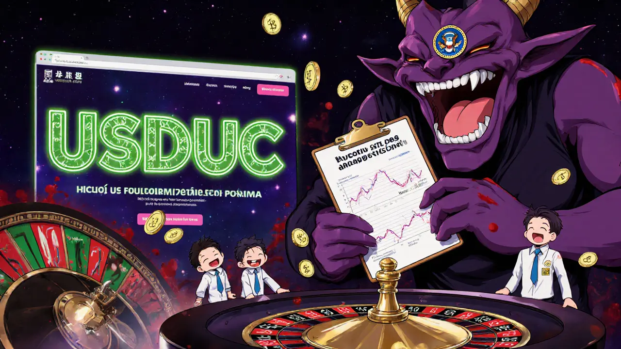 Una ruleta de casino con gráficos de USDUC en lugar de números, bajo el observar de un demonio con el logo de la SEC.