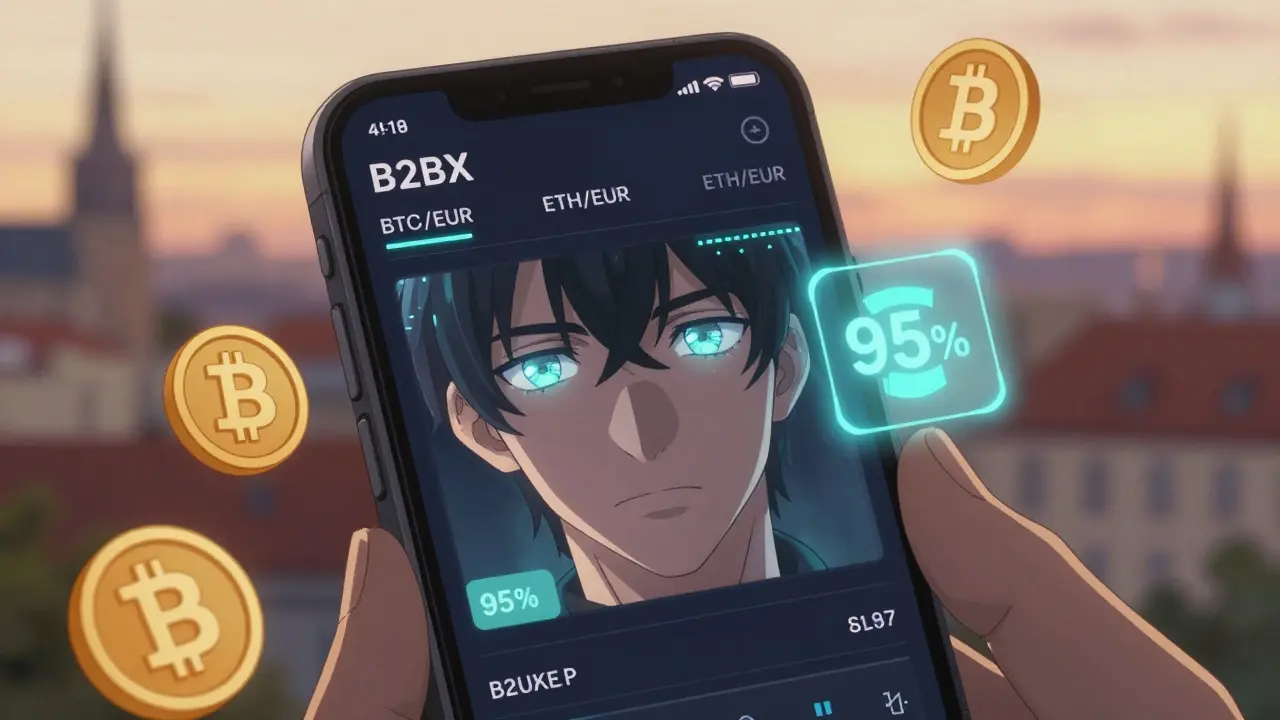 App móvil de B2BX con reconocimiento facial y gráficos de trading en tiempo real.